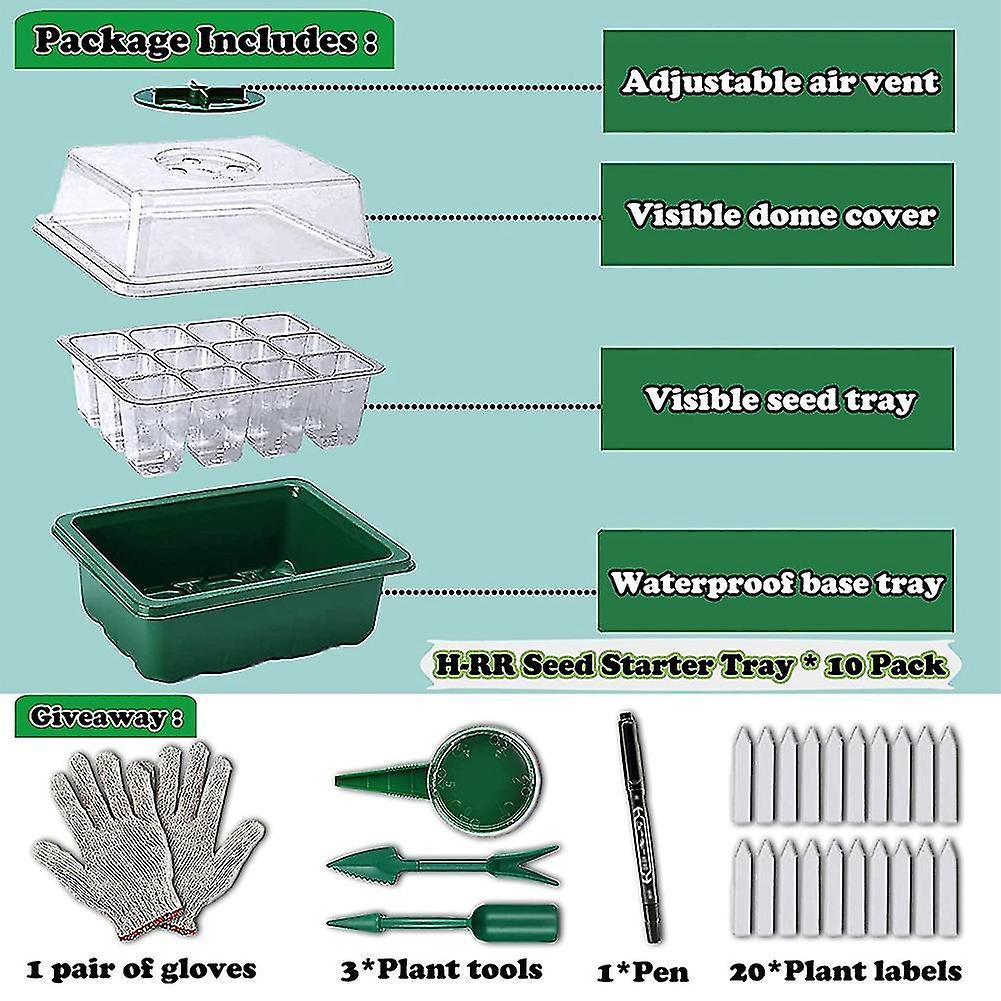 10 Pcs Seed Starter Tray,adjustable 120cell Seed Kit with Drain Hole