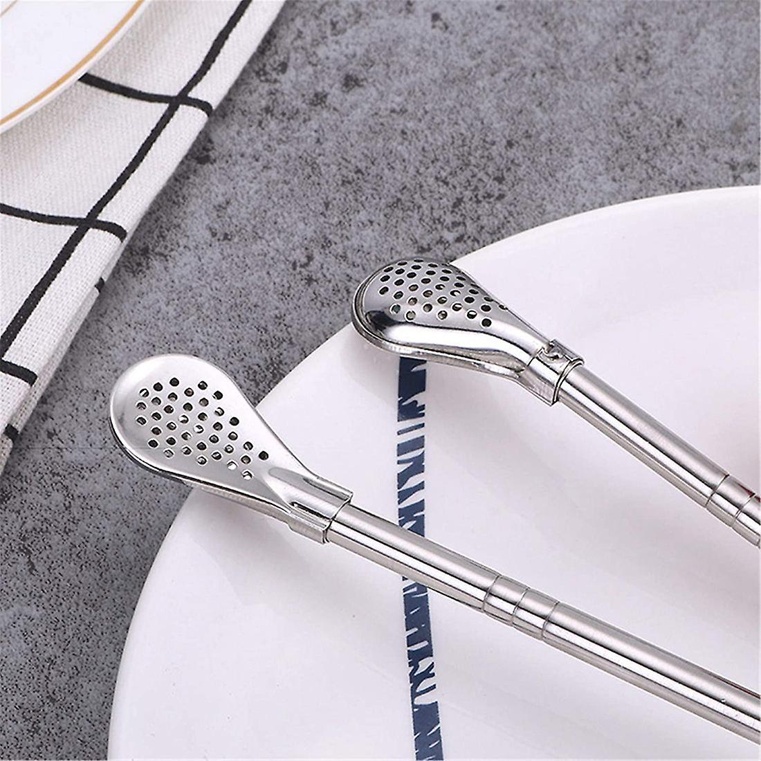 Stainless Steel Straw with Filter Spoon with 2 Pieces Brush Set