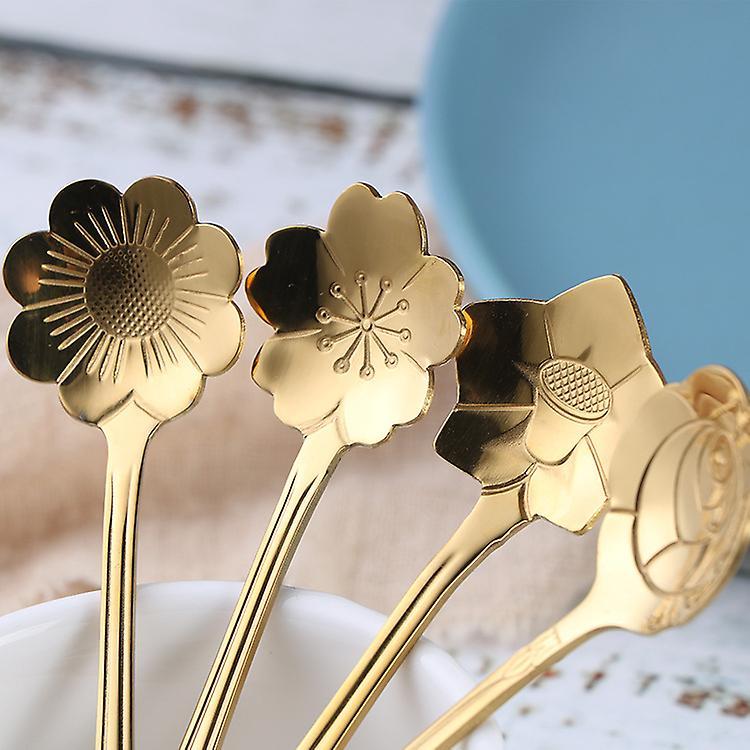 4pcs Cute Stainless Steel Flower Teaspoon Dessert Coffee Spoon Gold