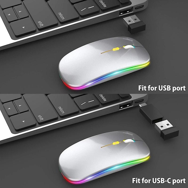 Led Wireless Mouse,with Usb & Type-c Receiver, for Laptop(silver)