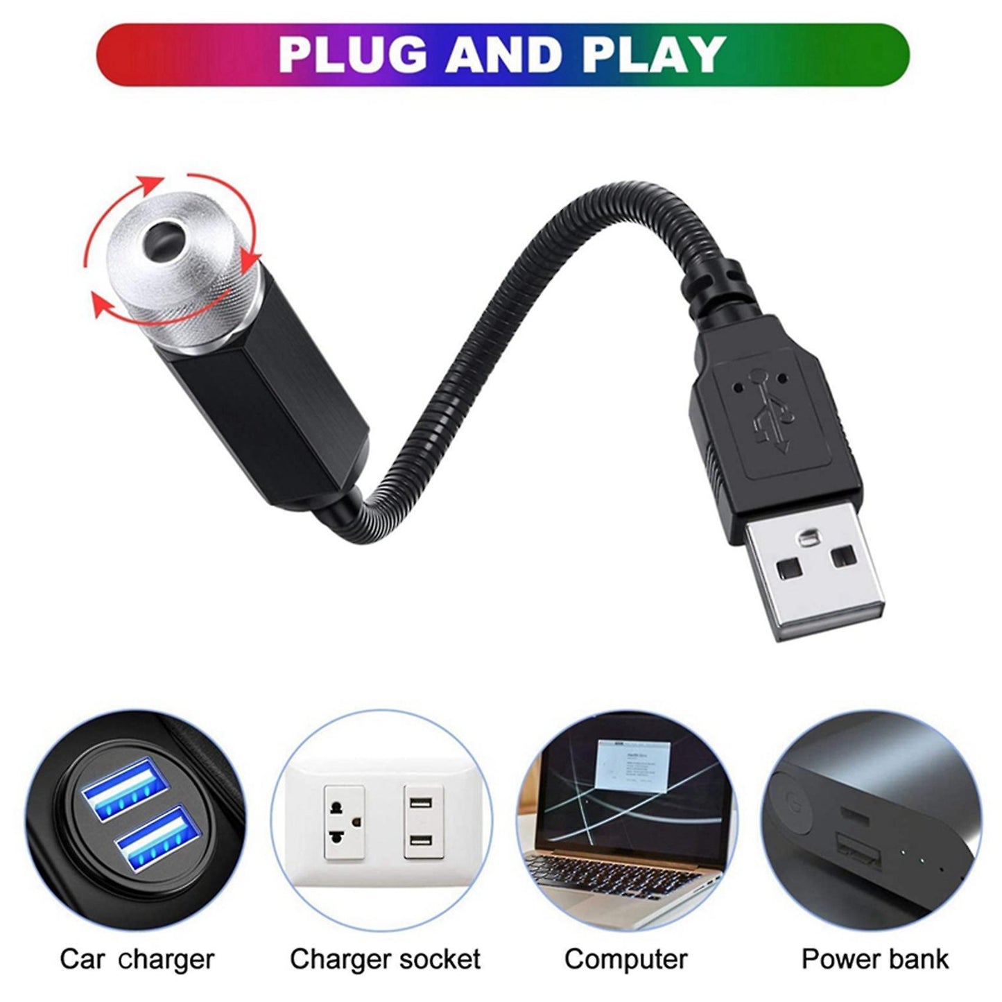 2x Car Roof Star Night Light Portable Adjustable Usb Flexible Led