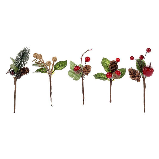 15pcs Red Christmas Berry and Pine Cone with Holly Branches for Decor