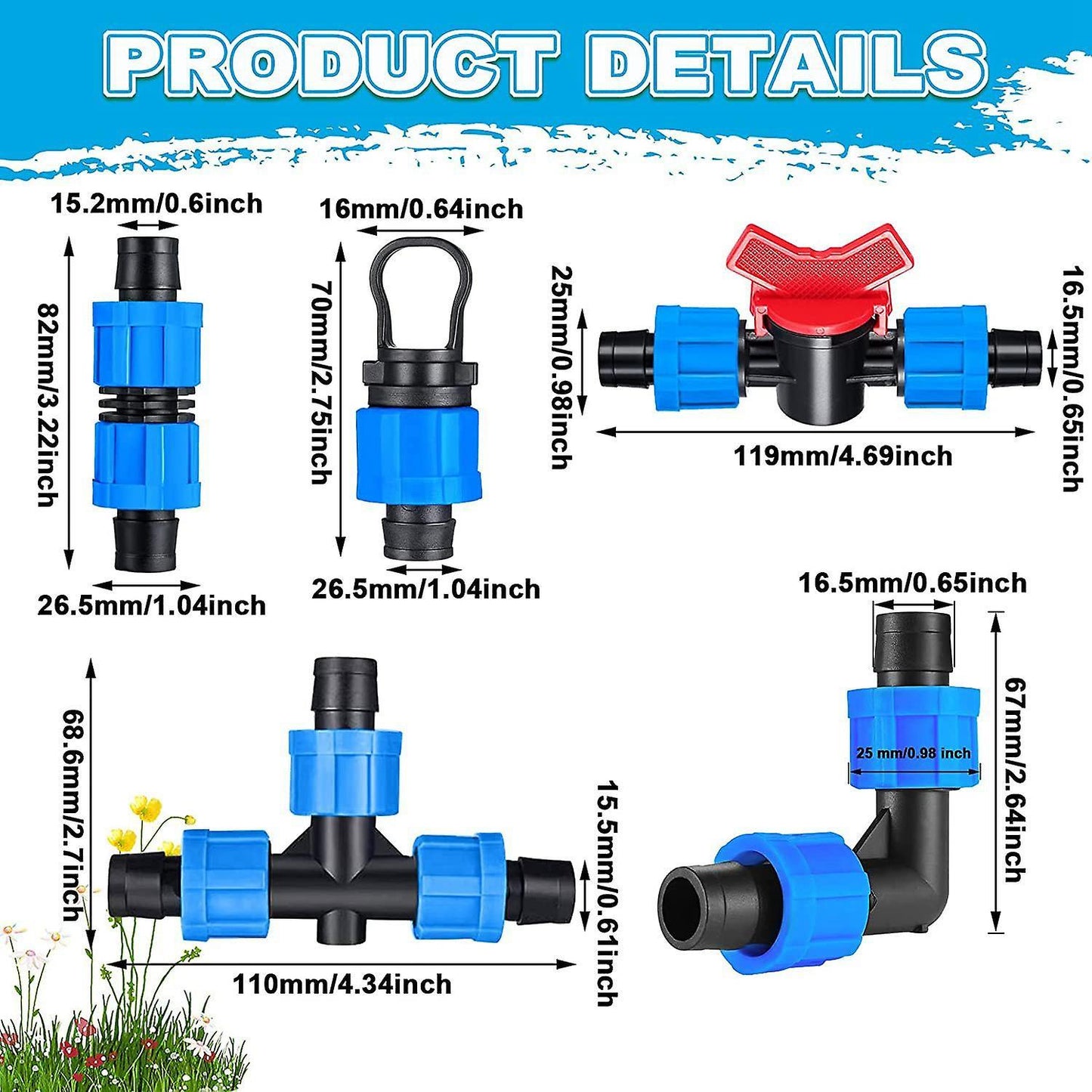 Drip Irrigation Fitting Kit,1/2 Inch Universal for 16-17 Mm Tubing -b