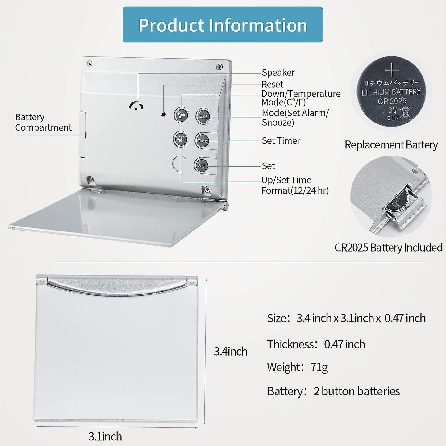Digital Travel Alarm Clock Battery Operated Number Display Clock