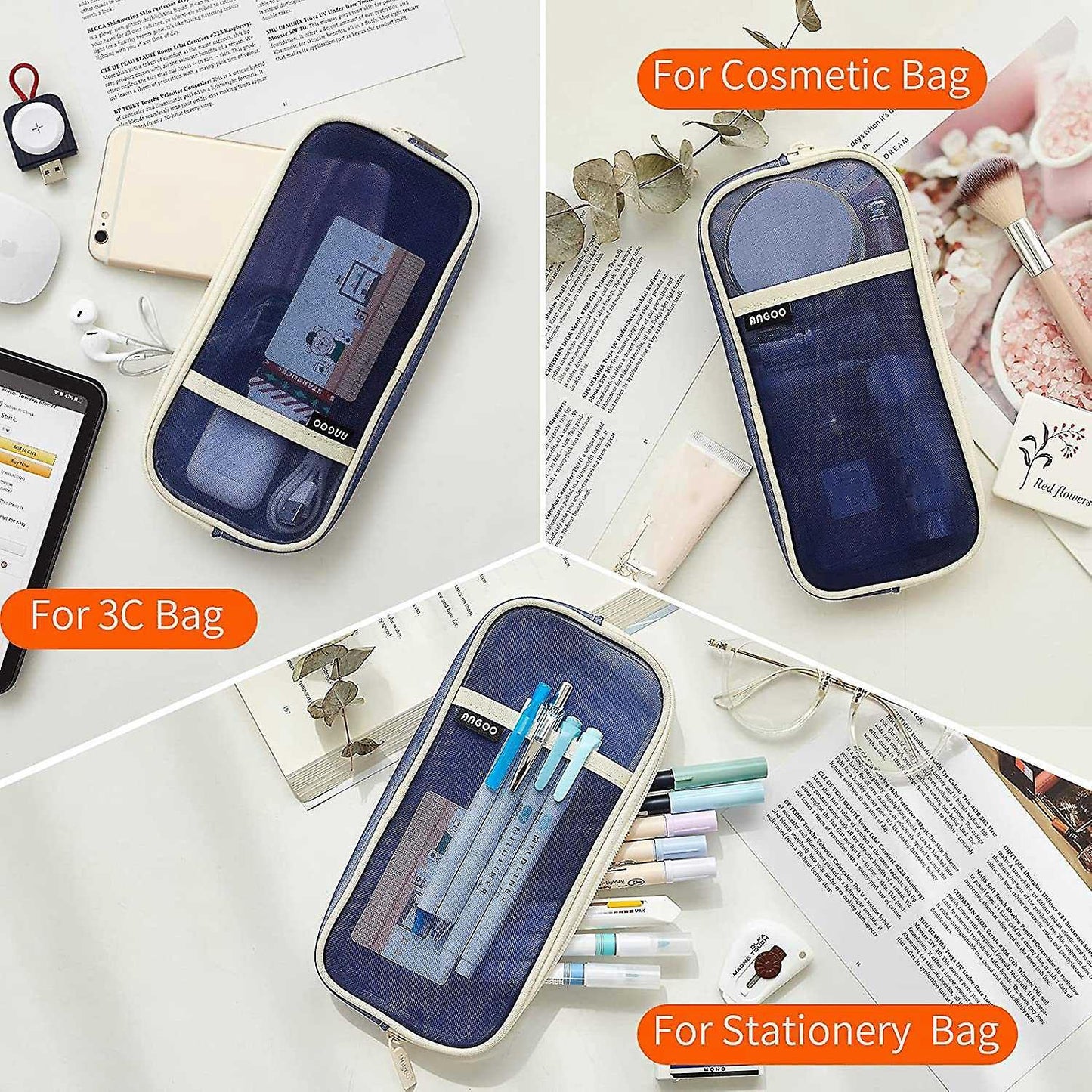 Angoo Grid Mesh Pen Pencil Case with Zipper Clear Makeup(beige Blue)