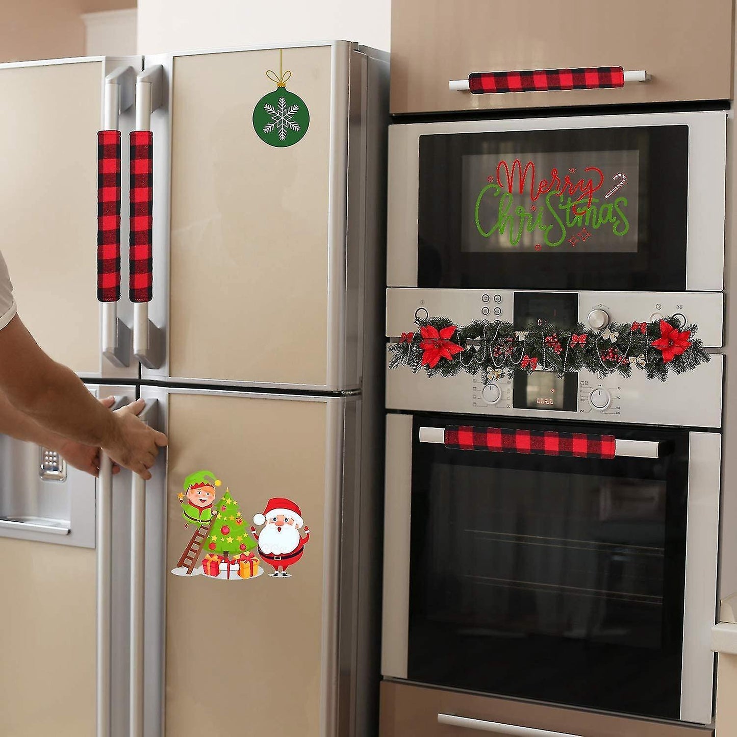 4 Pieces Christmas Refrigerator Door Handle Cover Red and Black Plaid