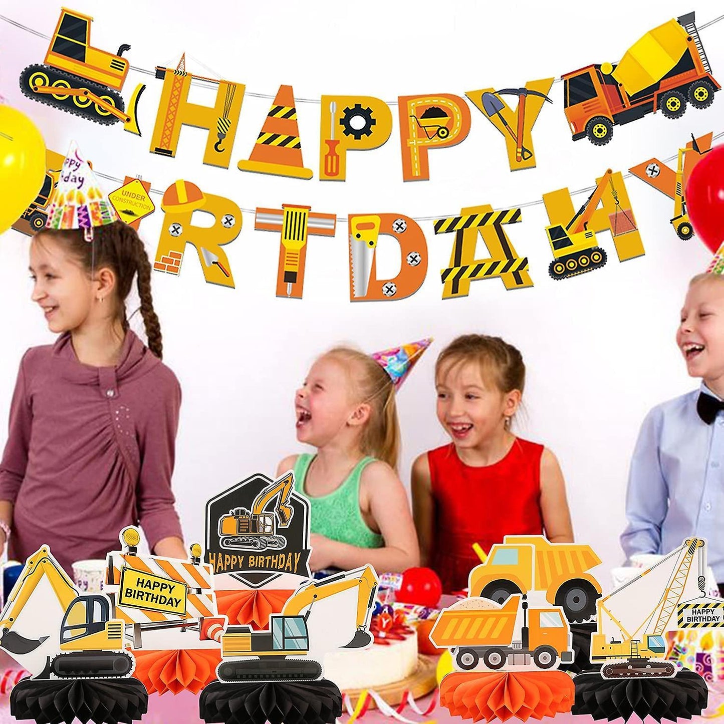 7 Pcs Truck Theme Decorations Construction Honeycomb Centerpieces