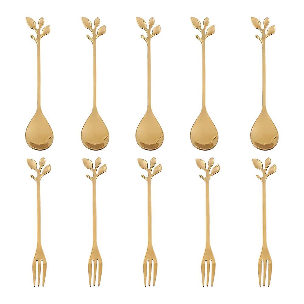 5spoon+5forks Stainless Steel Leaf Spoon Fork Dessert Spoons, Golden