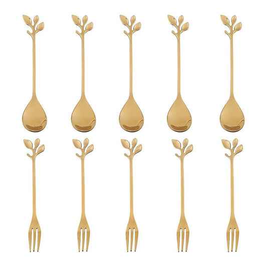 5spoon+5forks Stainless Steel Leaf Spoon Fork Dessert Spoons, Golden