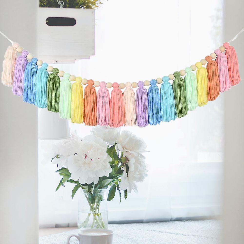 37inch Rainbow Tassel Garland with Wood Bead for Bedroom Party Decor