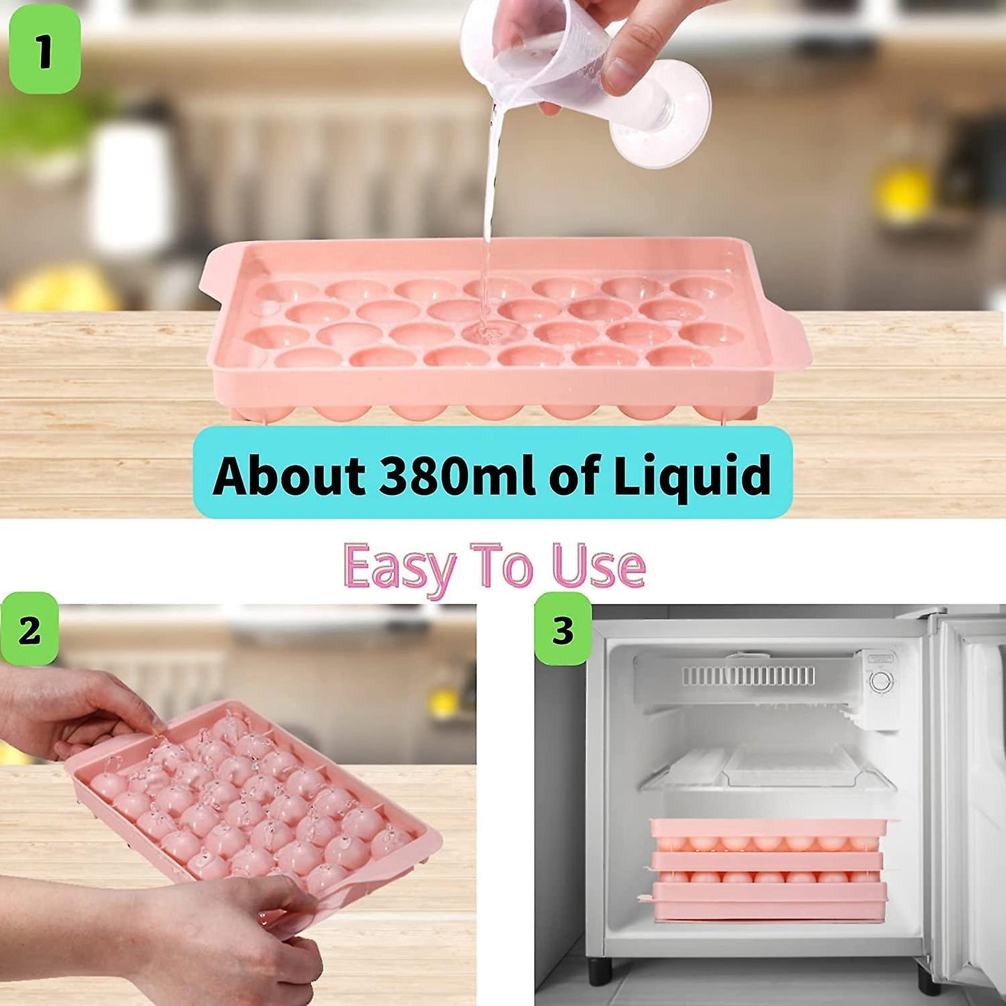 Mini Ball Ice Cube Mold with Lid -mold for Freezer Ice Cube Tray Pink