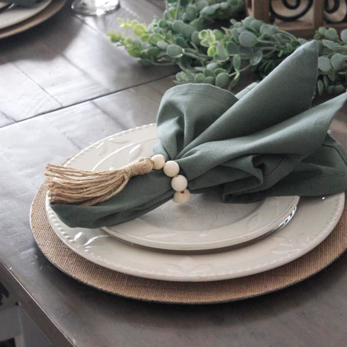 8pcs Tassels Wooden Bead Handmade Napkin Buckles Farmhouse White