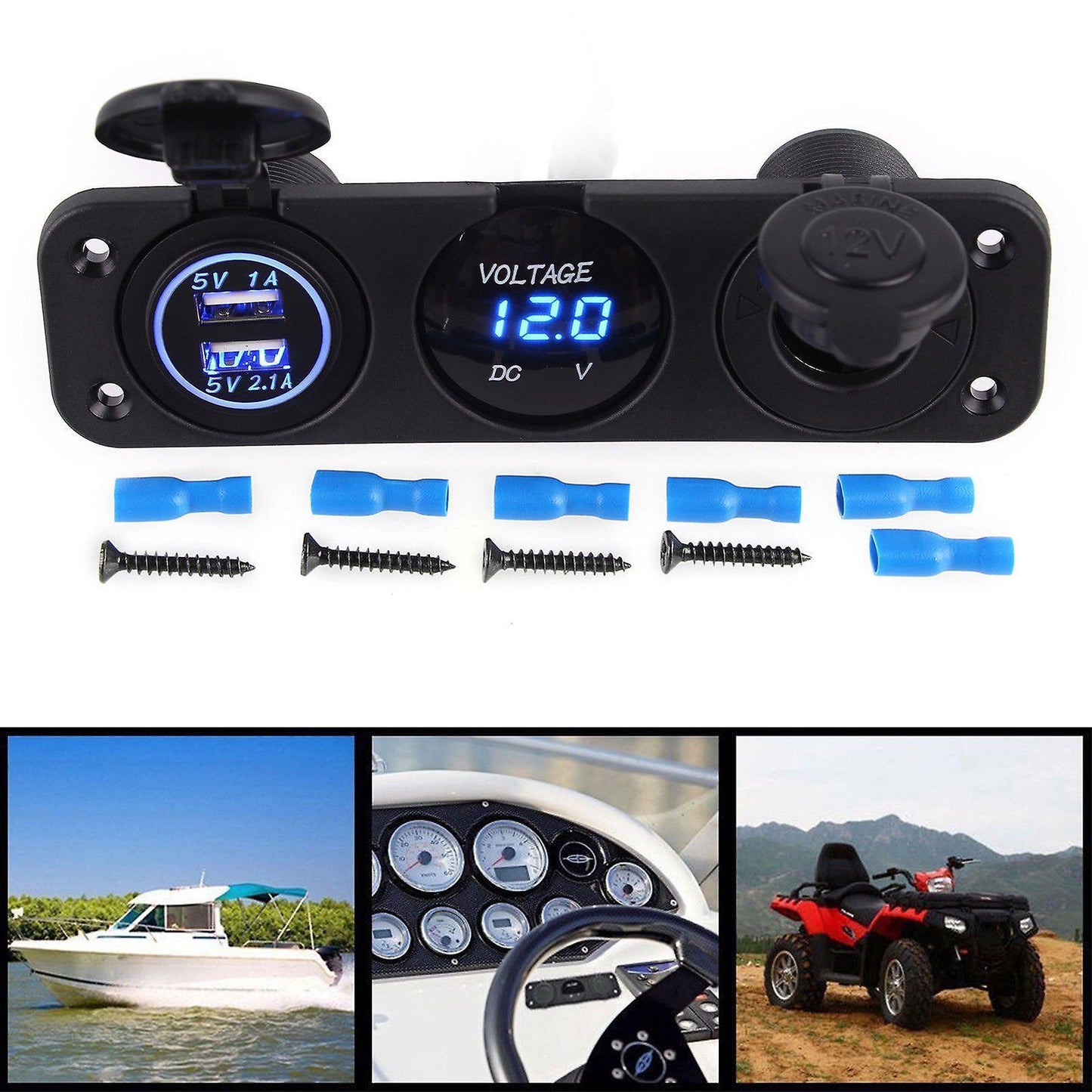 12v Dual Usb Charger Socket Car Boatled Voltmeter 3 Hole Panel Outlet