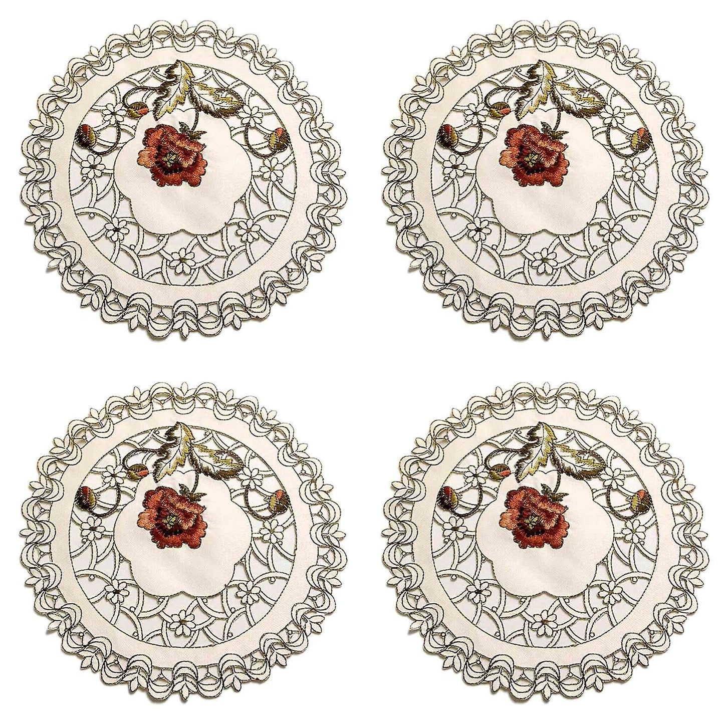 Set Of 4 Round Floral Placemats White Vintage Embroidered Lace