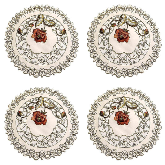 Set Of 4 Round Floral Placemats White Vintage Embroidered Lace