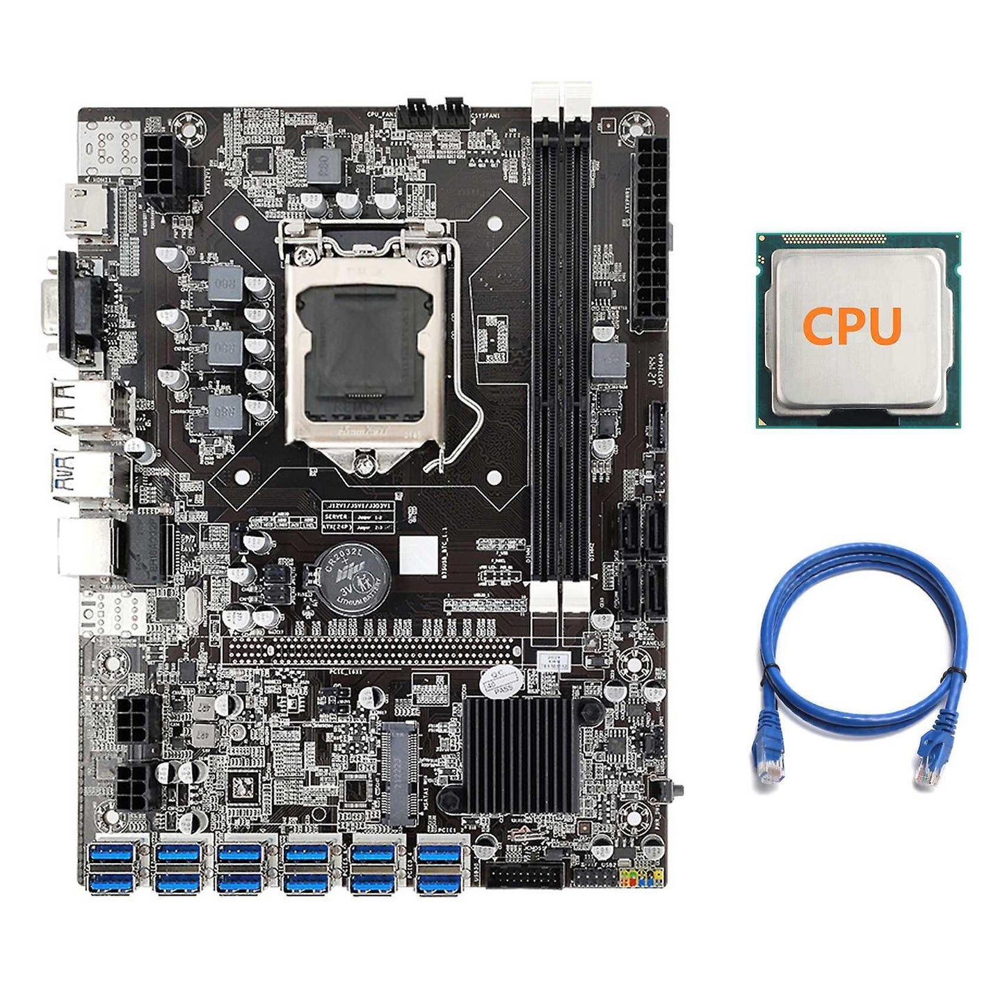 B75 Eth Mining Motherboard 12 Pcie to Usb with Cpu+rj45 Network Cable