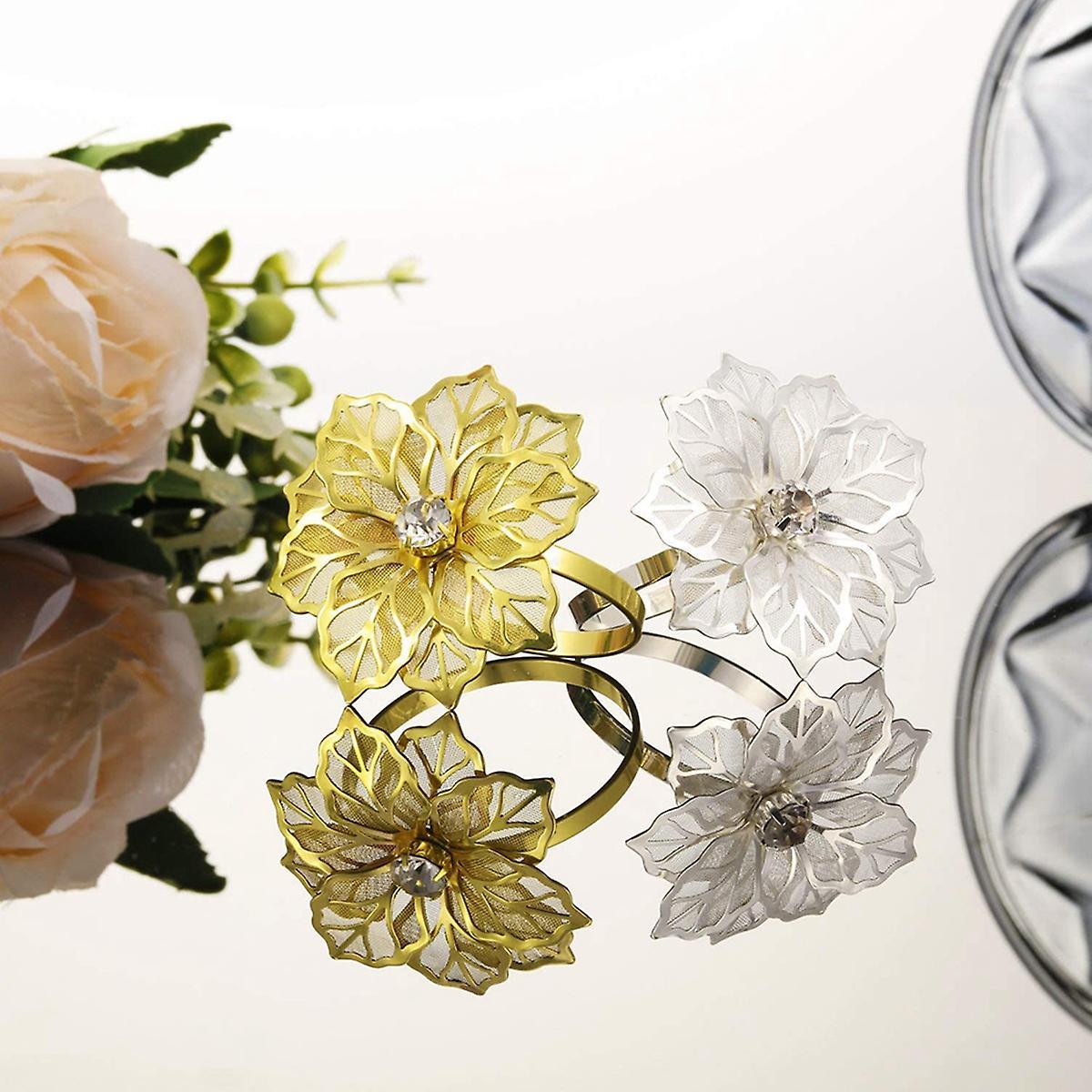 12-piece Alloy Napkin Ring with Hollow Flower Napkin Set (golden)