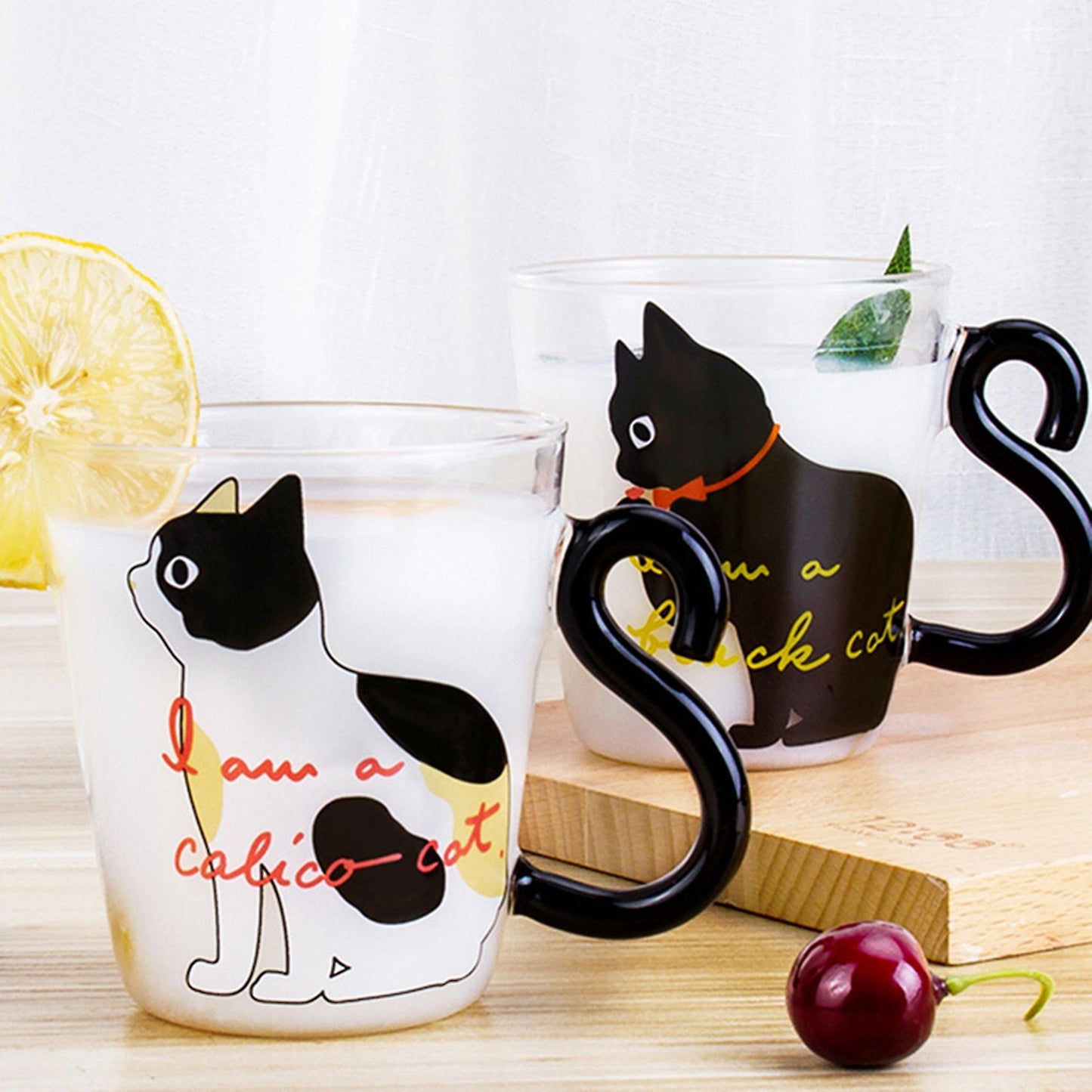 Cute Kitty Glass Water Cup Cat Tail Handle Coffee Fruit Juice -white
