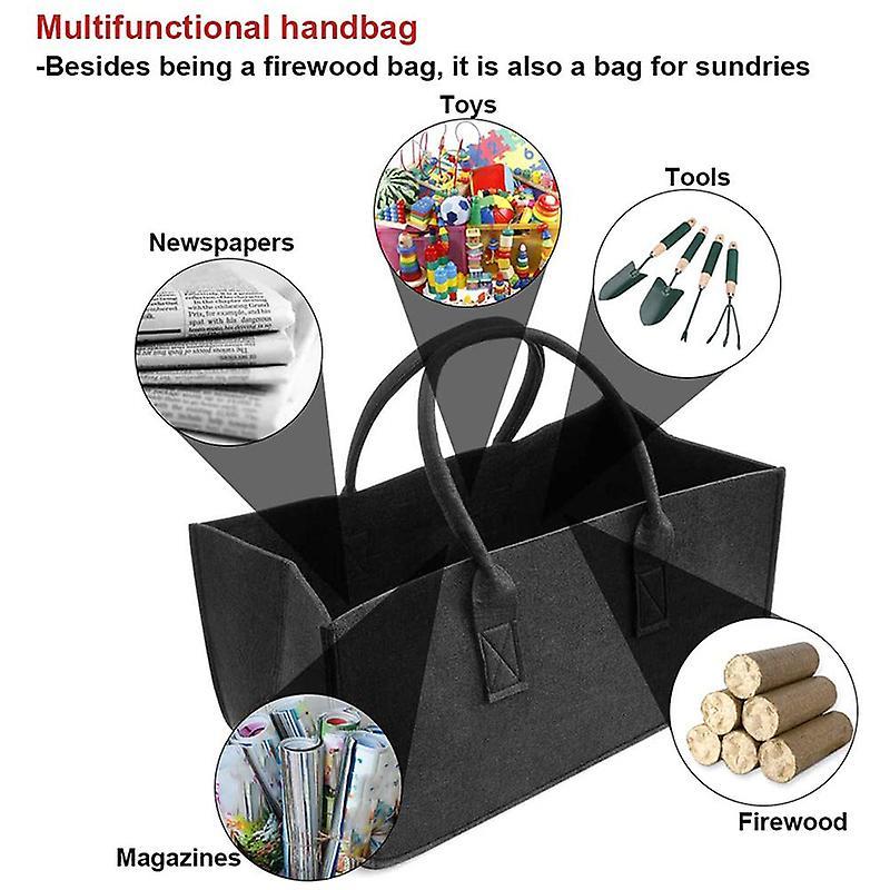 Fireplace Wood Felt Storage Bag Basket Magazine Rack Pocket,black