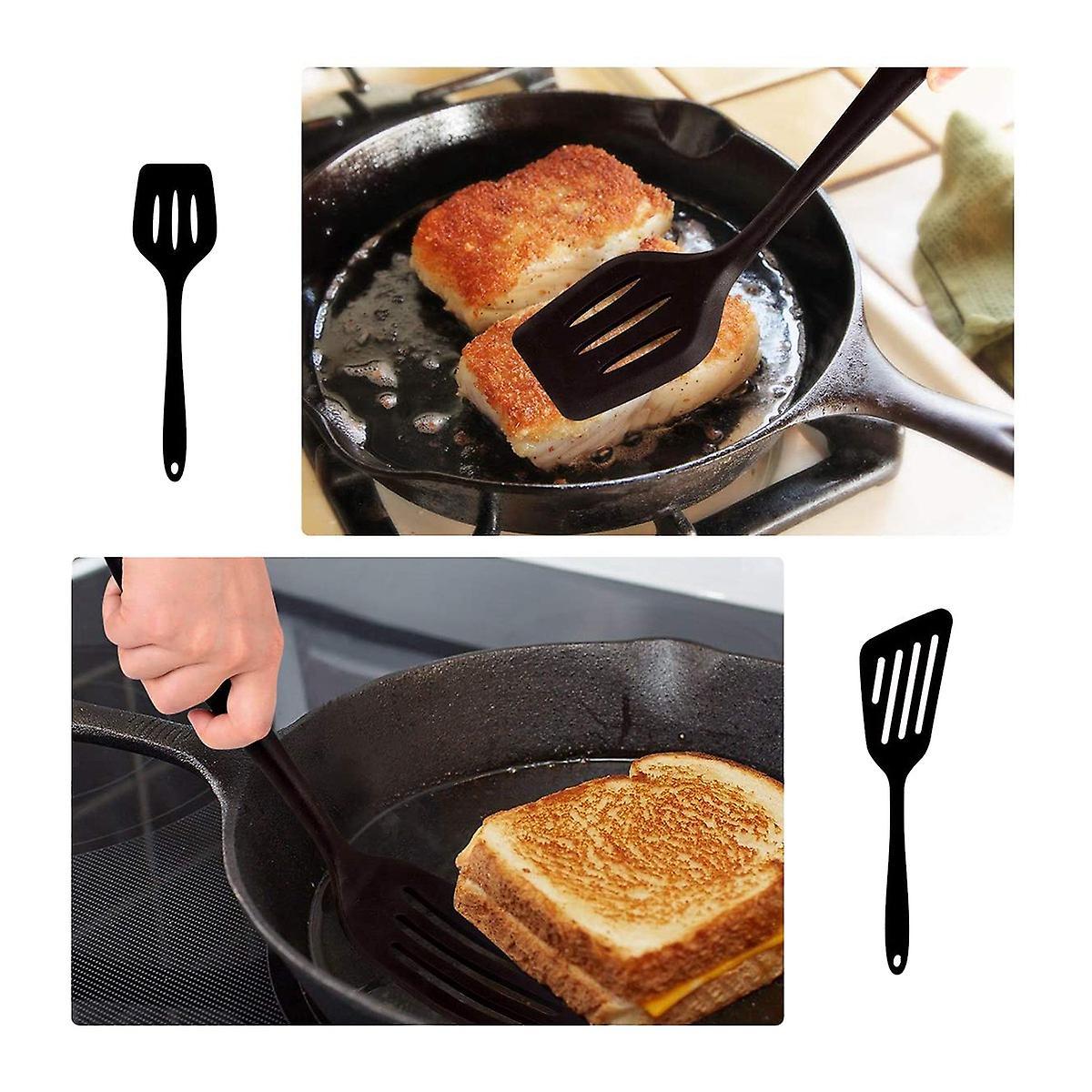 2 Pcs Silicone Slotted Fish Turner Spatula,flipper Spatulas,black