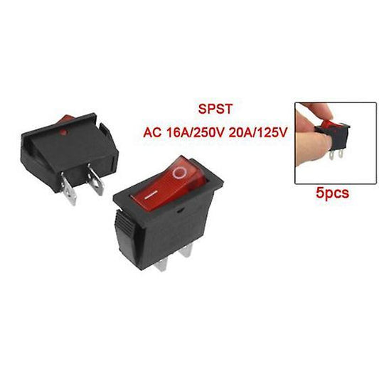 5 Pcs 2 Pin Spst Red Neon Light On/off Rocker Switch Ac 16a/250v 20a/125v