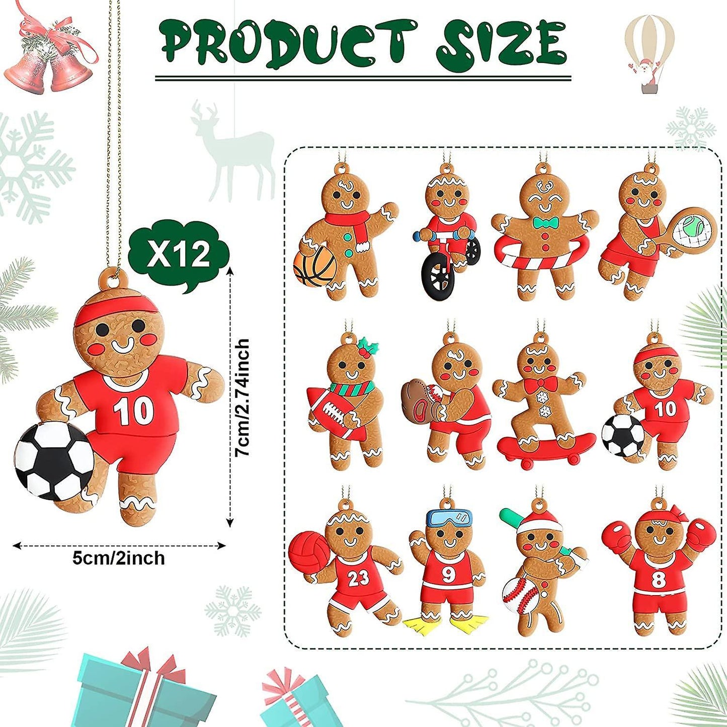 12 Pieces Christmas Gingerbread Man Ornaments Sports Gingerbread