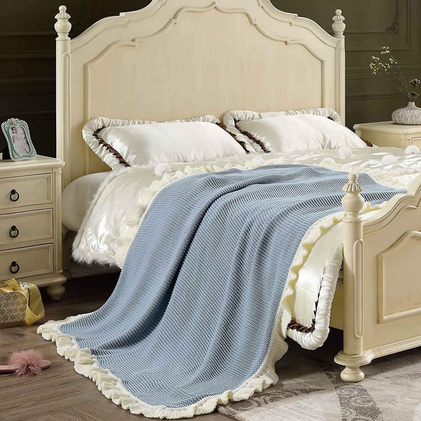 Ruffled Soft Woolen Blanket, Cotton Knitted Blanket, Sofa(light Blue)