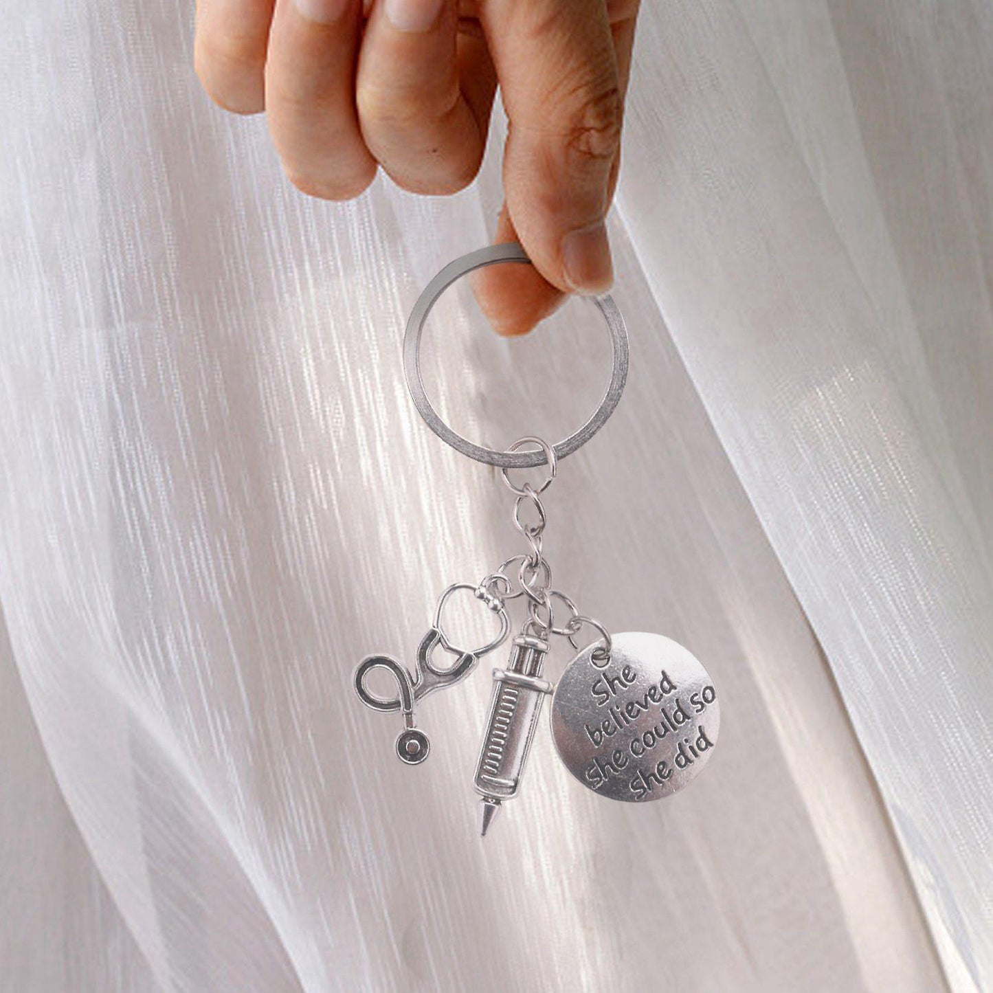 Syringe Stethoscope Keychain Chain Keyring Doctor Nurse Physicians