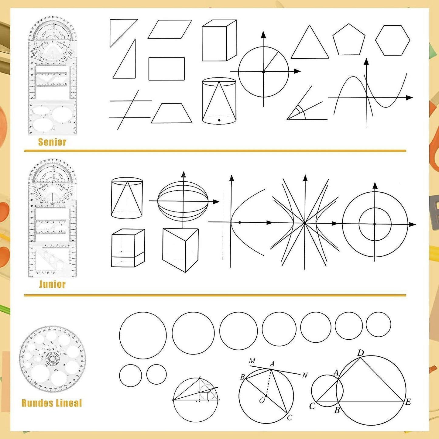 4 Piece Multifunctional Geometric Ruler Set, with 2 Circle Templates