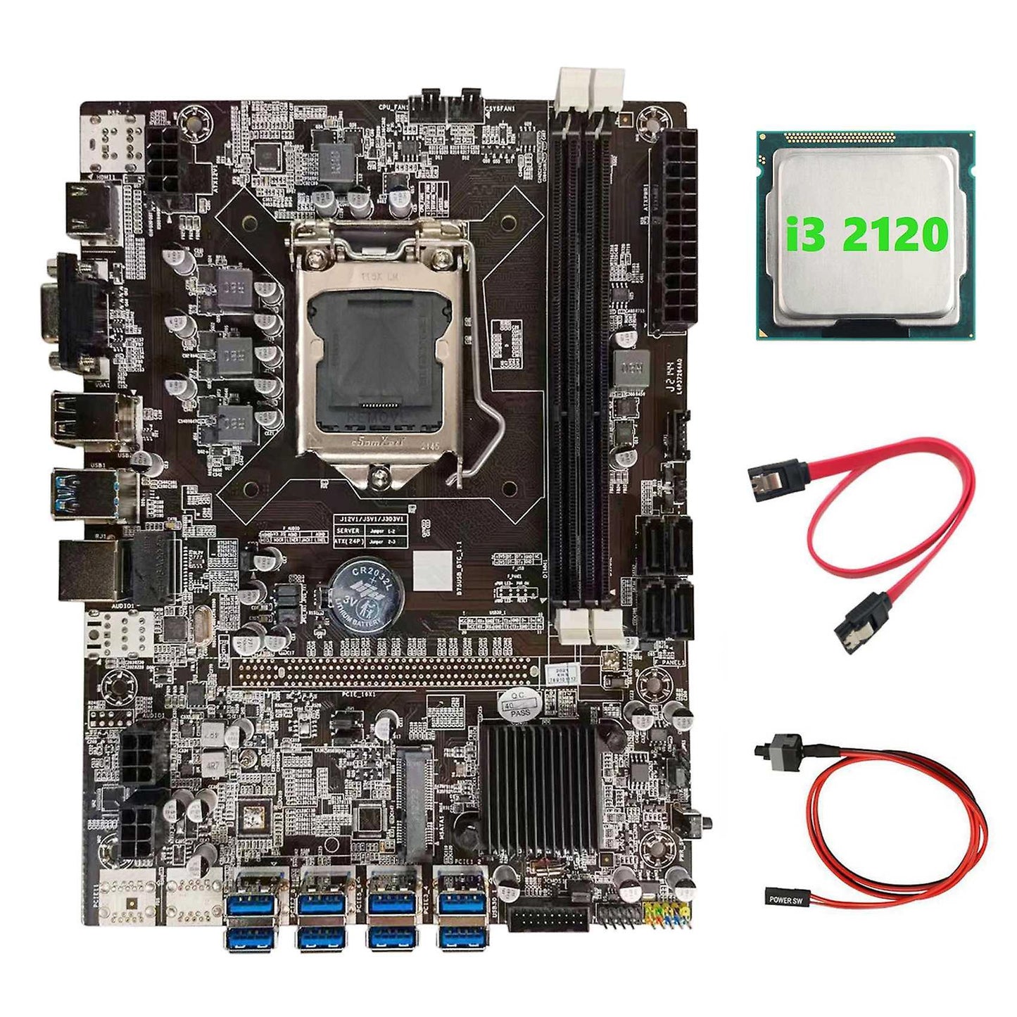 B75 Btc Mining Motherboard+i3 2120 Cpu+sata Cable+switch Cable
