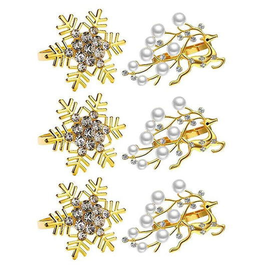 Gold Napkin Rings Set Of 6, Christmas Deer and Snowflakes Napkin