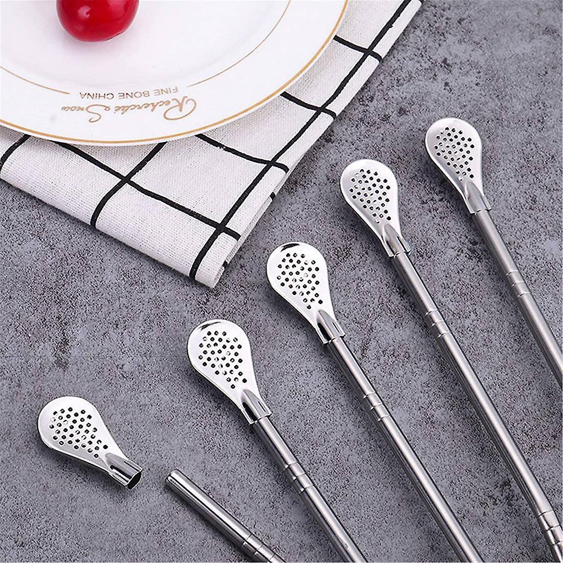 Stainless Steel Straw with Filter Spoon with 2 Pieces Brush Set