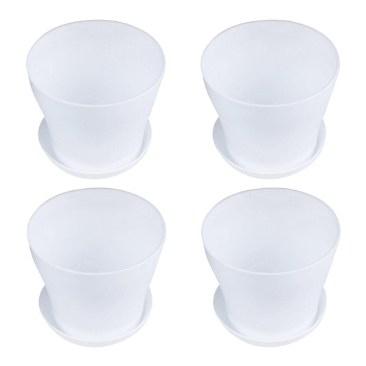 4x Plastic Plant Flower Pot with Tray Round White Upper Caliber 14cm
