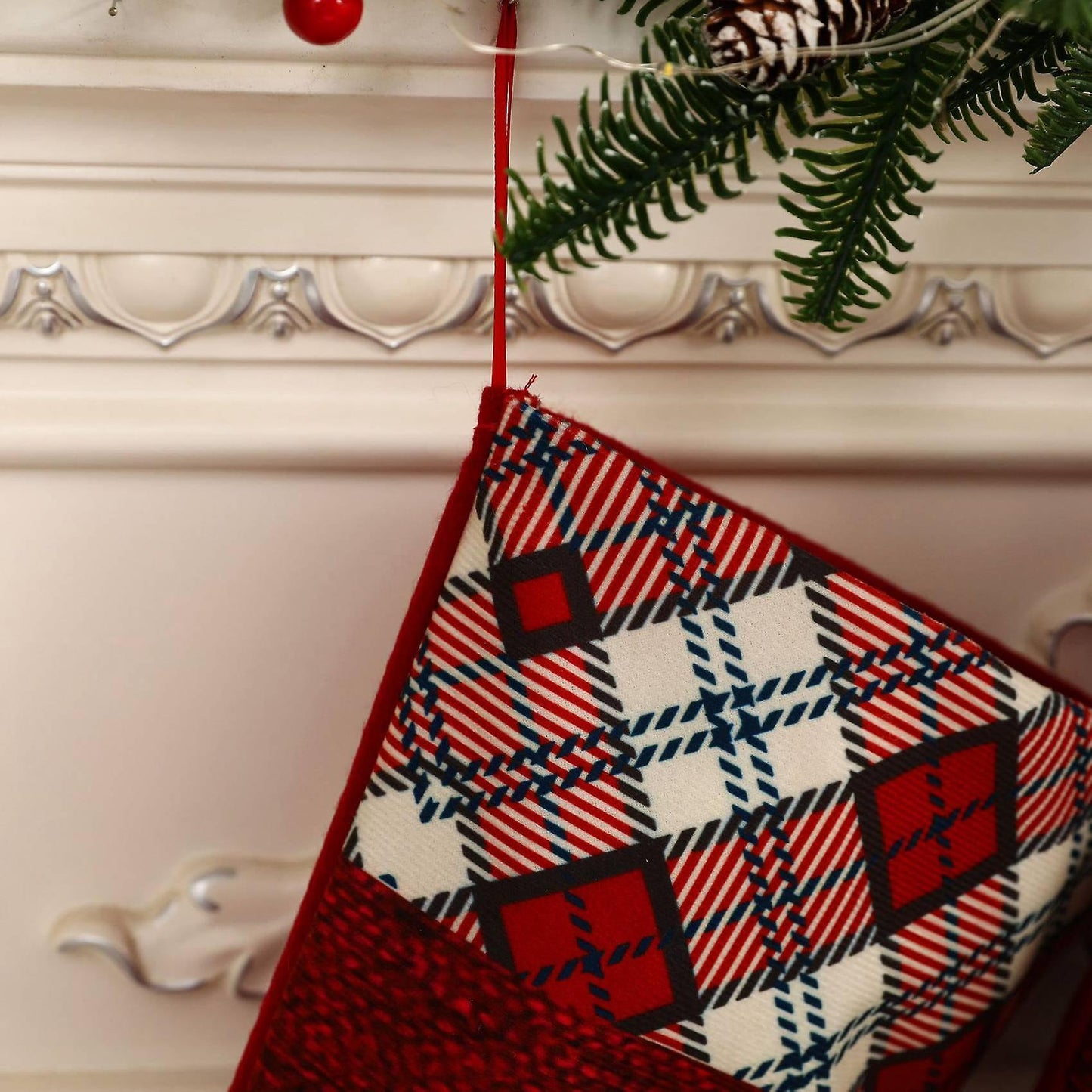 Christmas Stockings, Plaid Cuff Design Fireplace, Santa Claus