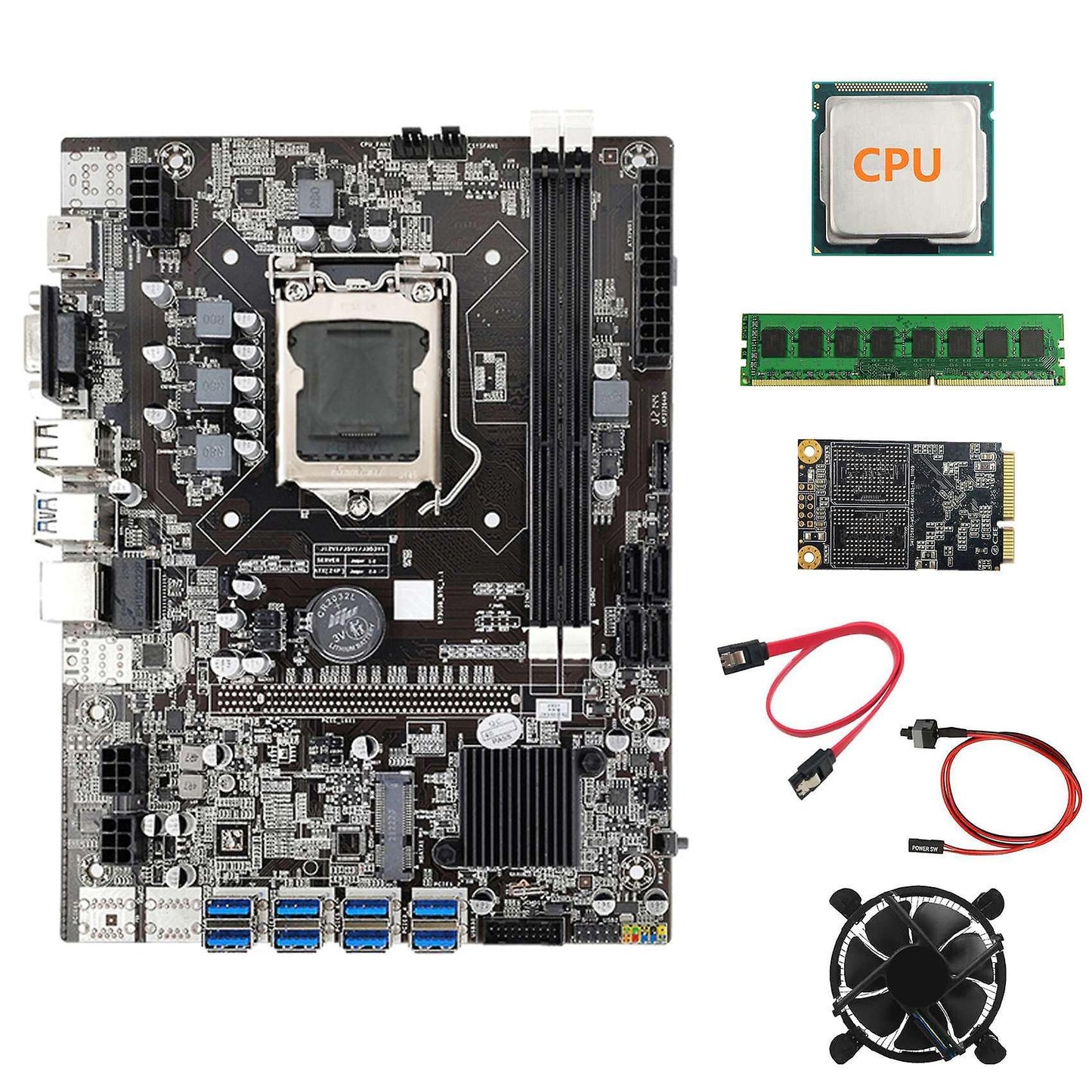 B75 Btc Mining Motherboard+cpu+fan+ddr3 4gb 1600mhz Ram+128g Ssd
