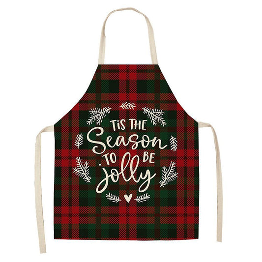 Christmas Apron Plaid Printing Kitchen Cotton Linen Adult Bibs ,b