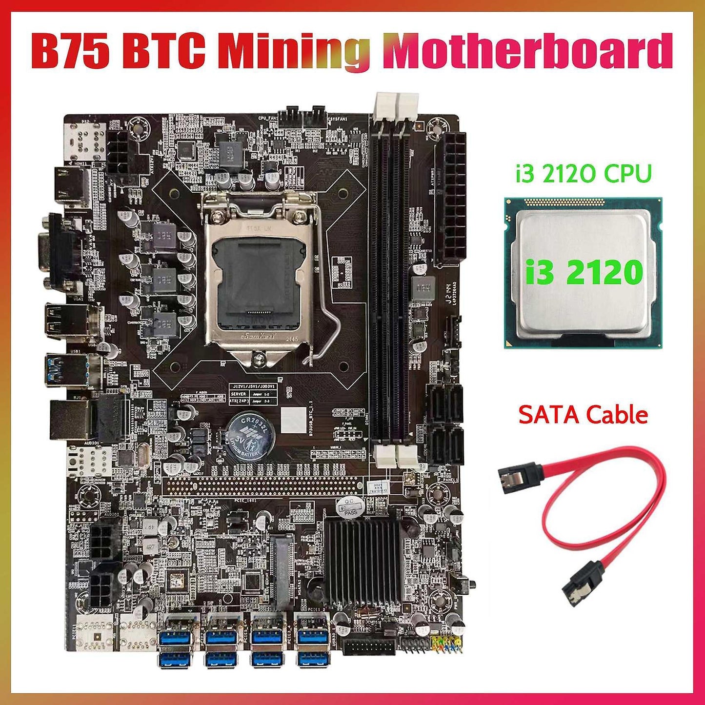 B75 Btc Mining Motherboard+i3 2120 Cpu+sata Cable Lga1155 8xpcie