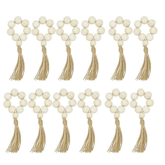 12pcs Wood Bead Napkin Rings with Tassels Rustic Weddings Home Decor