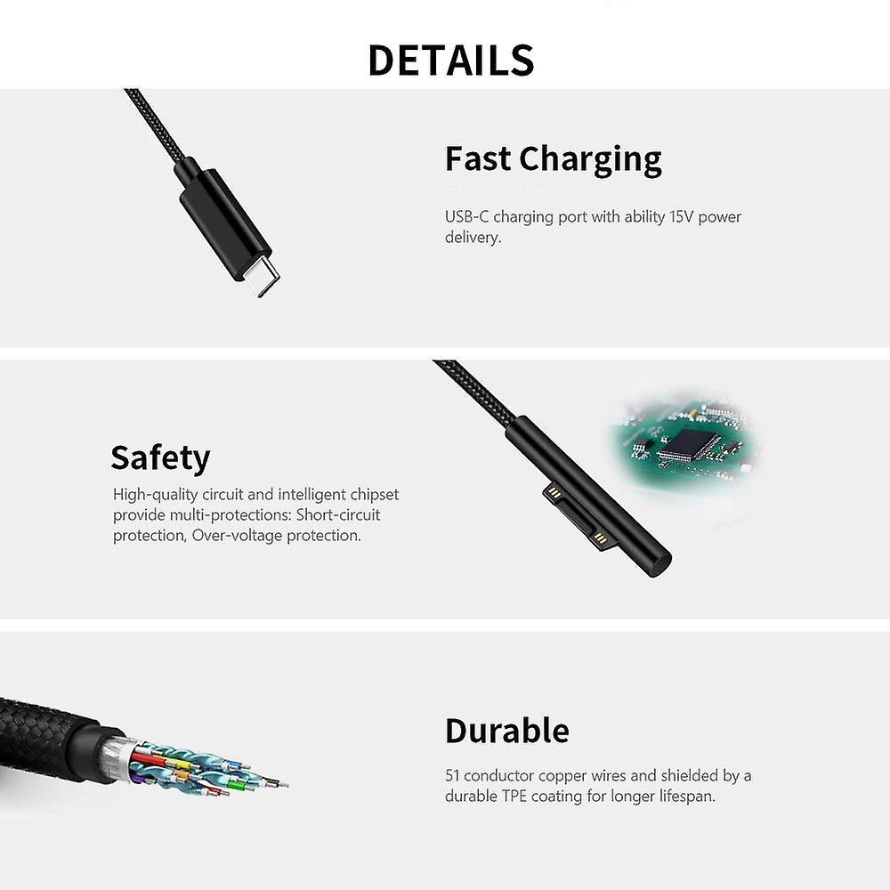 Nylon Braided Usb-c Charging Cable for Surface Pro 6/5/4/3 Surface