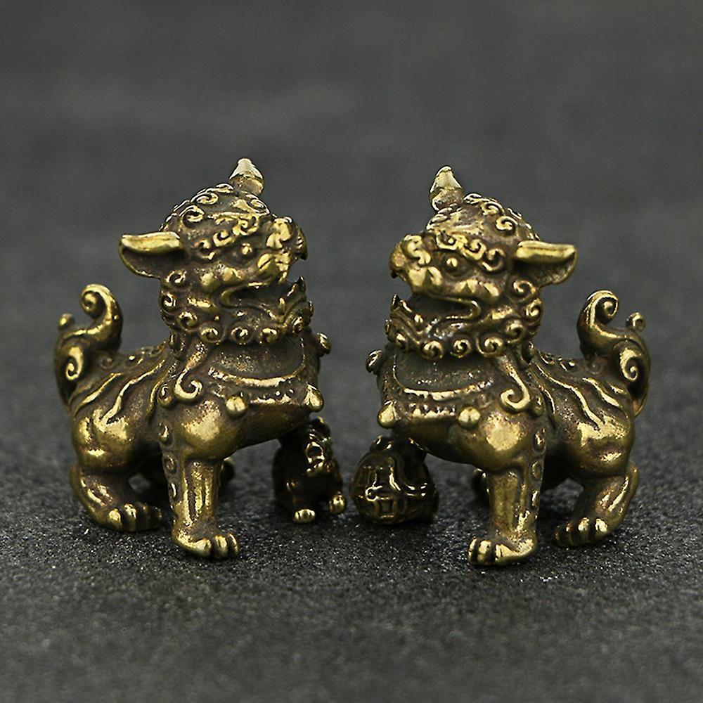 1 Pair Desktop Ornaments Lucky Brass Lion Statue Feng Shui Decoration