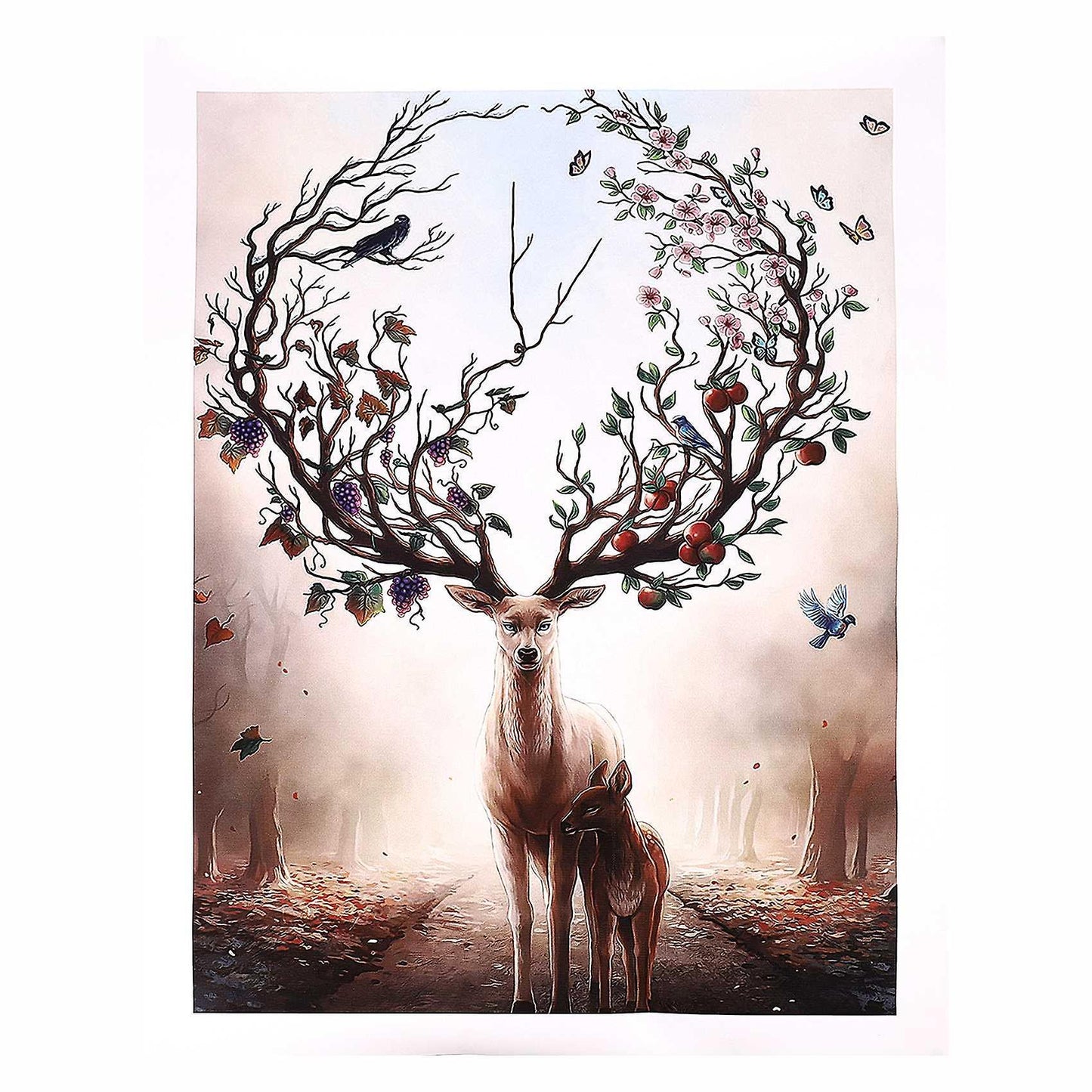 Wall Deer Stag with Long Antler Bloom and Bear Fruit Pictures Prints