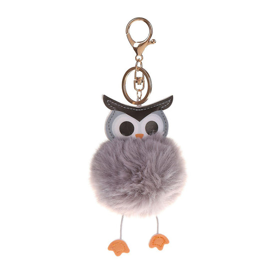 Pompom Fluffy Owl Keychain Faux Rabbit Fur Ball Women Light Grey