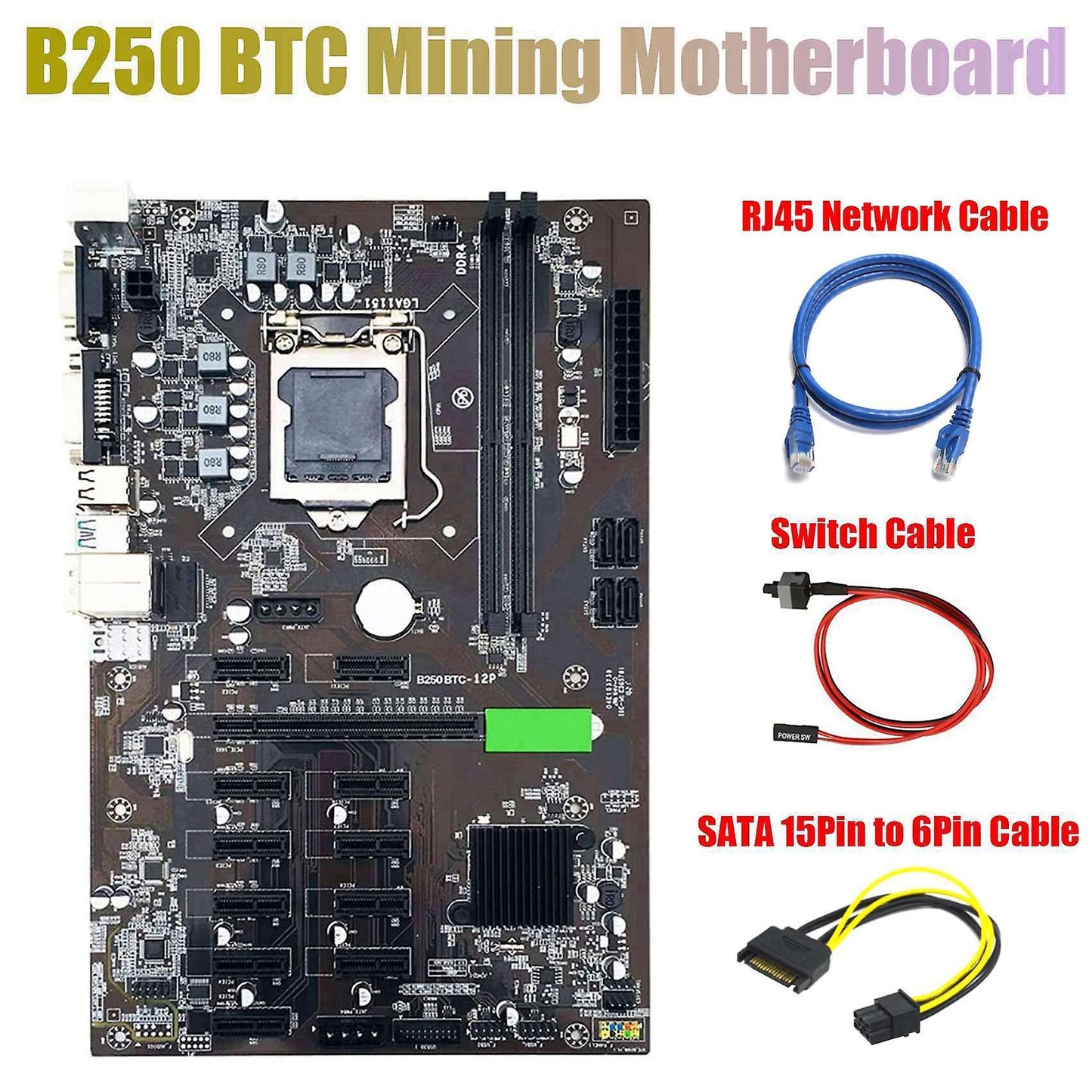 Motherboard with Sata 15pin to 6pin Cable+rj45 Cable+switch Cable