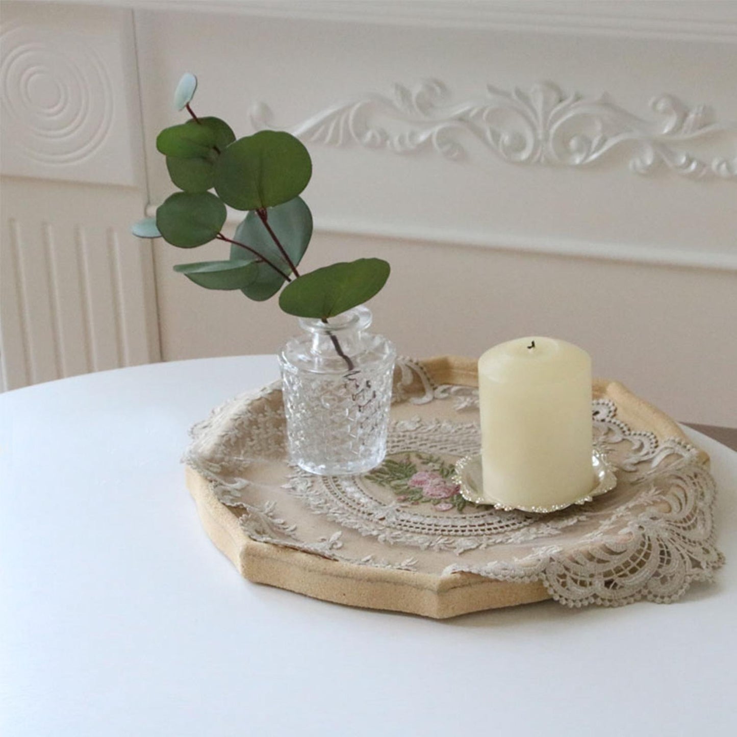 2x European Oval Embroidered Lace Fabric Transparent Table Mat Beige