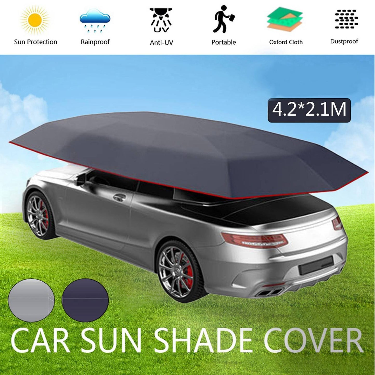 2x Car Sun Shade Umbrella Cover Tent Cloth 4.2 X 2.1m Silver
