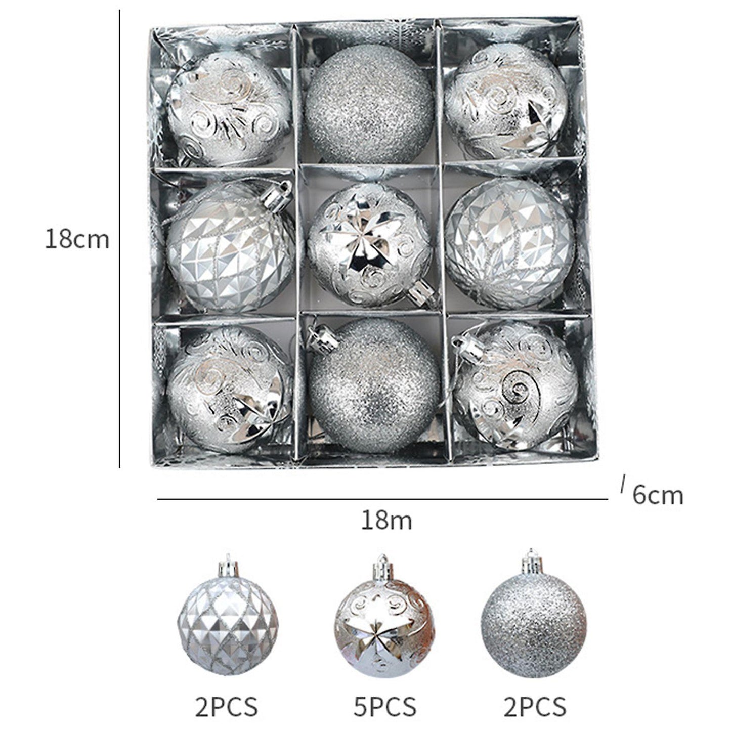 9 Pieces/set Of Boxed Christmas Ball Set, Glitter Ball, (silver)