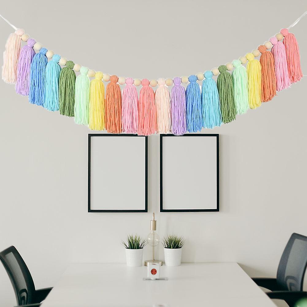 37inch Rainbow Tassel Garland with Wood Bead for Bedroom Party Decor