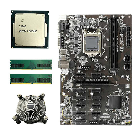 B250 Btc Mining Motherboard with G3900 Cpu+2x8g Ddr4 Ram+ Fan 12 Pcie