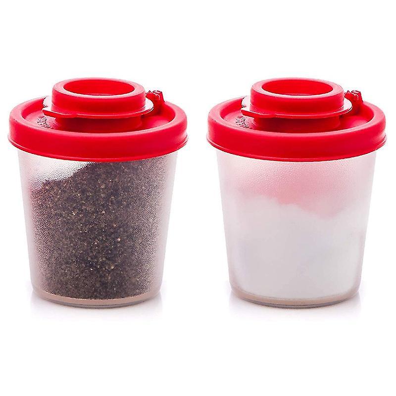 2 Medium Salt and Pepper Shakers with Red Covers Lids Jar Dispenser