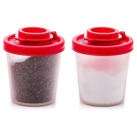 2 Medium Salt and Pepper Shakers with Red Covers Lids Jar Dispenser